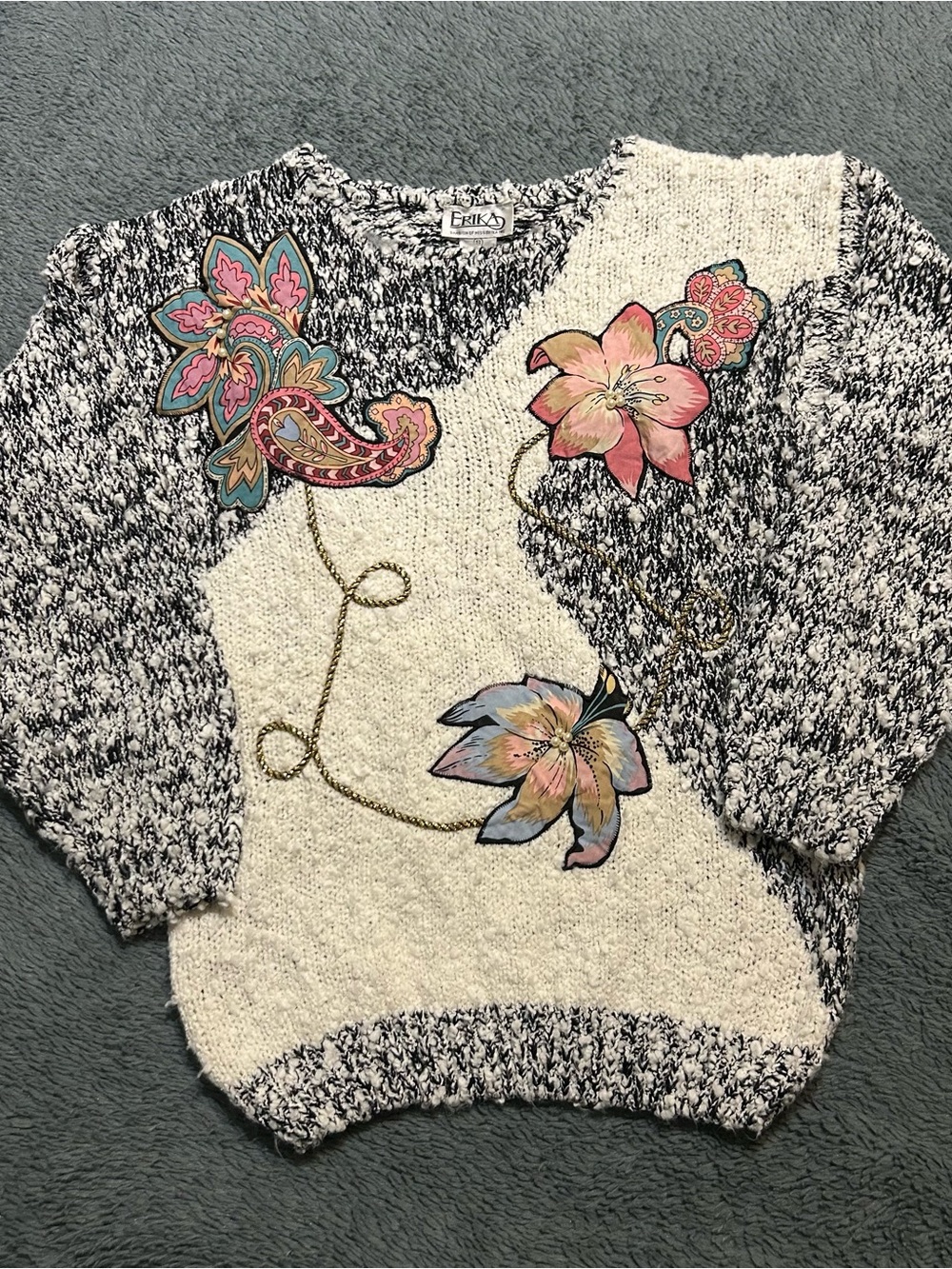Vintage Erika Boucle Sweater Sz S Black White Floral Pearl Applique Gold Cord
